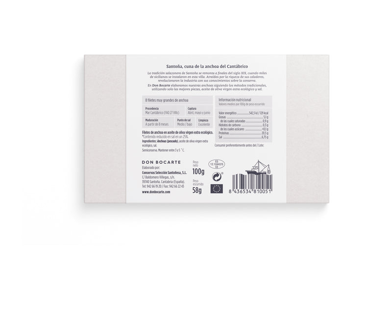 Anchoas del Cantábrico seleccionadas en aceite de oliva virgen extra 100% ecológico, 8 filetes muy grandes (Serie Numerada)
